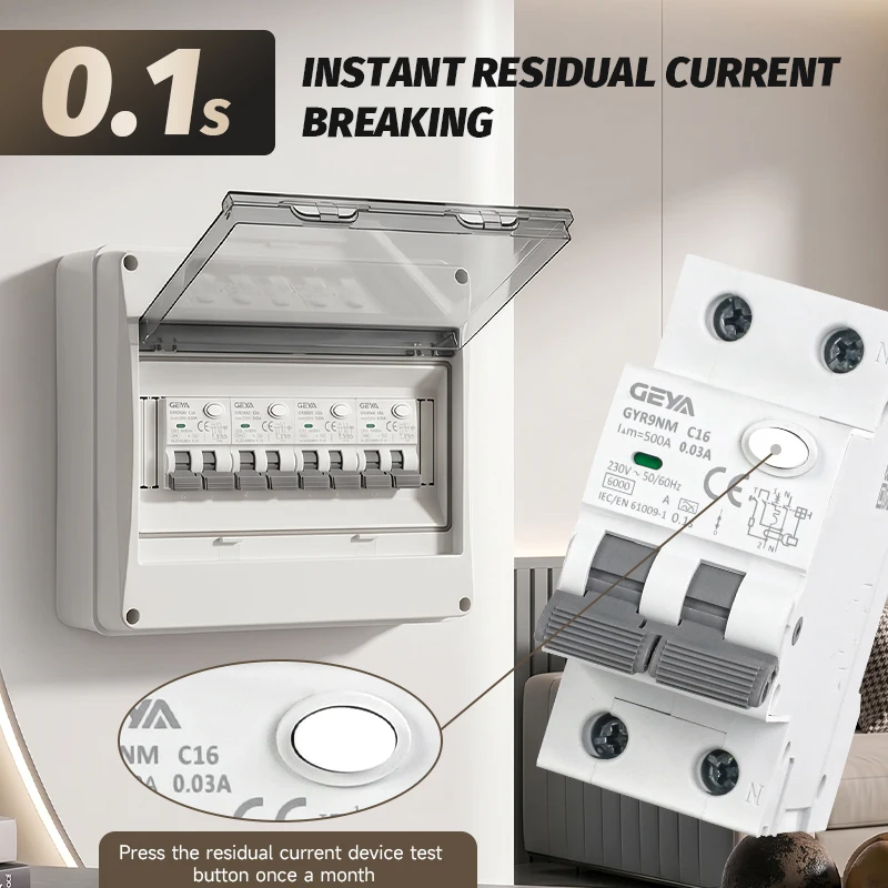 GEYA GYR9NM Typ A oder Typ AC RCBO 2P Magnetischer Fehlerstromschutzschalter mit Überstromschutz 16A 40A 30mA – Detail 5