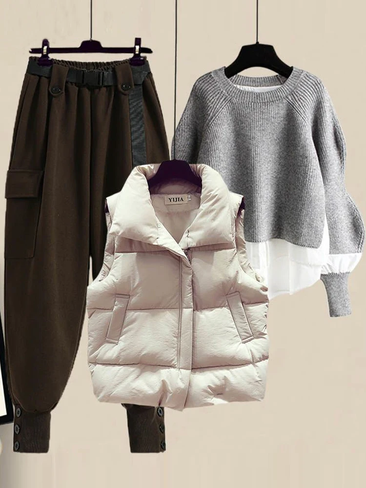 패셔너블 여성용 루즈핏 브레드 슬레 코튼 베스트 스웨터 팬츠 티 세트 가을 겨울 편안하고 통기성 좋은 캐주얼 웨어