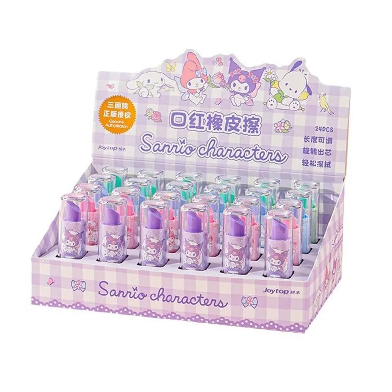 

24pcs/lot Sanrio Kuromi Melody Eraser Pochacco Writing Drawing Lipstick Shape Pencil Erasers Stationery Gifts School Supplies