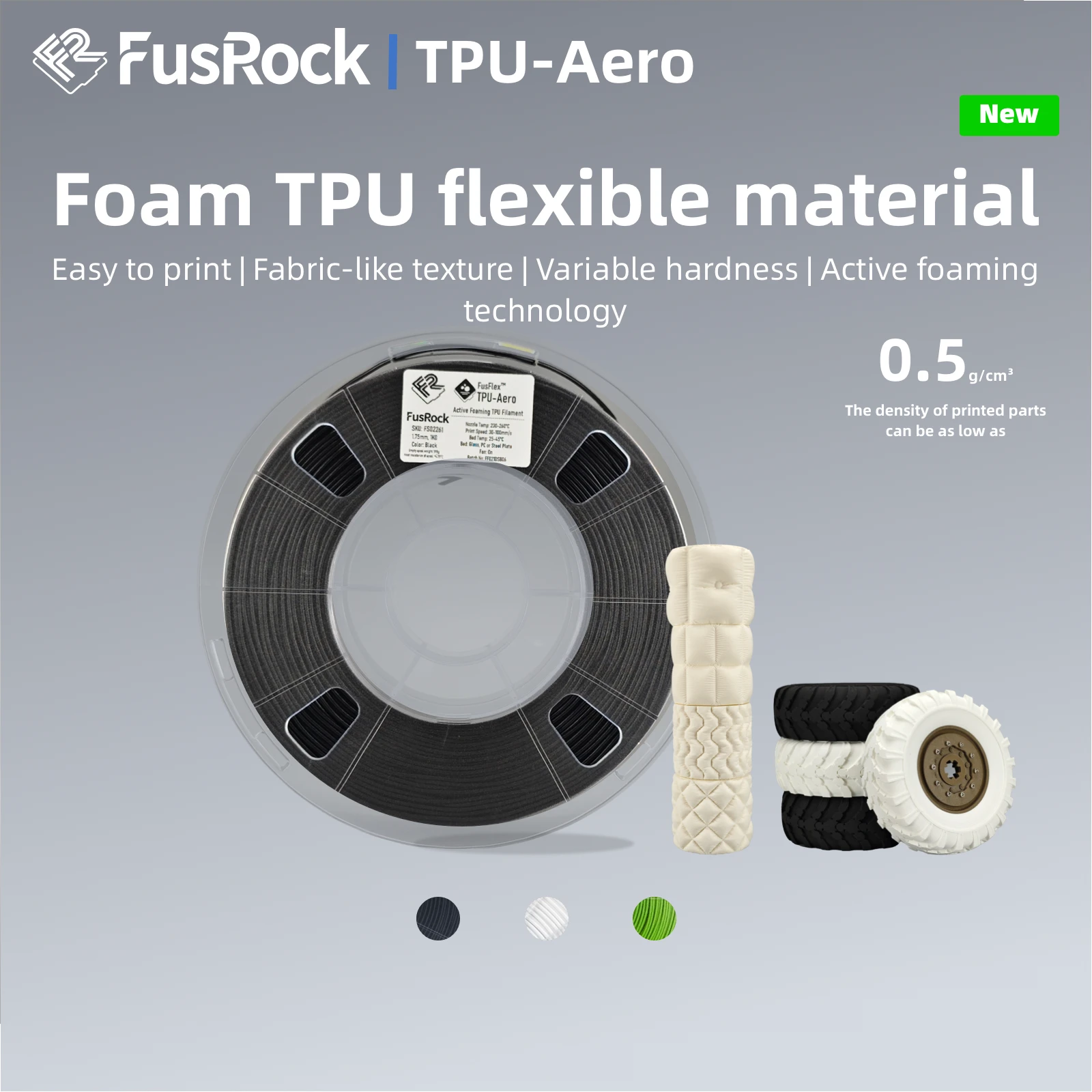 FusRock TPU-Aero medium-hardness Active foaming low weight TPU 3D print materialspecifically developed for FFF printing technolo