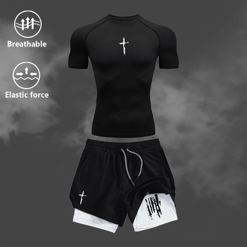 

Men's Fitness Set Quick Drying Compression T-Shirt Double Layer Sports Shorts Two-Piece Summer Outdoor Fitness Cycling Set