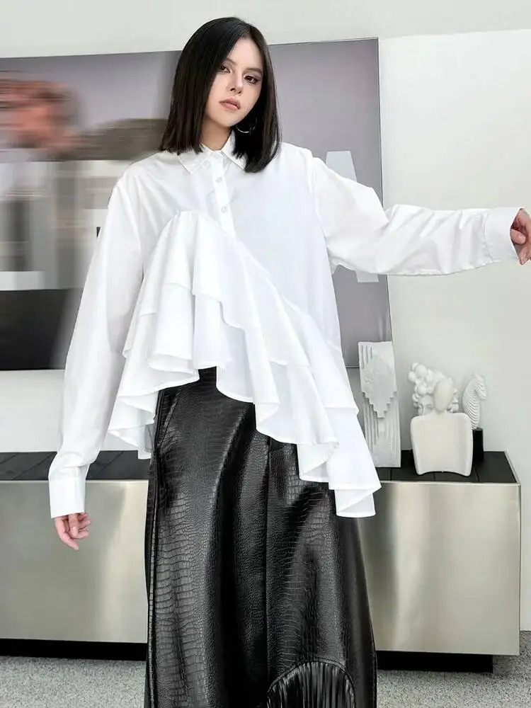 

Irregular Women White Ruffles Big Size Elegant Blouse New Lapel Long Sleeve Shirt Fashion Spring Autumn 2026 Y4FJ