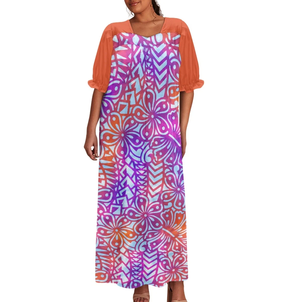 Puff Sleeve Loose Maxi Dress For Women Polynesian Tribal Clothing Square Neck Custom Casual Light Chiffon Dresses Summer