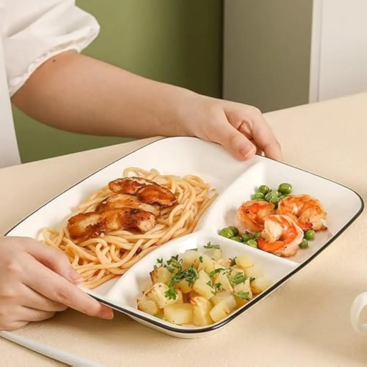 Ceramic Portion-Control Dinner Plate Set 2 pcs Square 9.9 Inch with Three Ergonomic Compartments Golden Ratio Layout Microwave D view 3