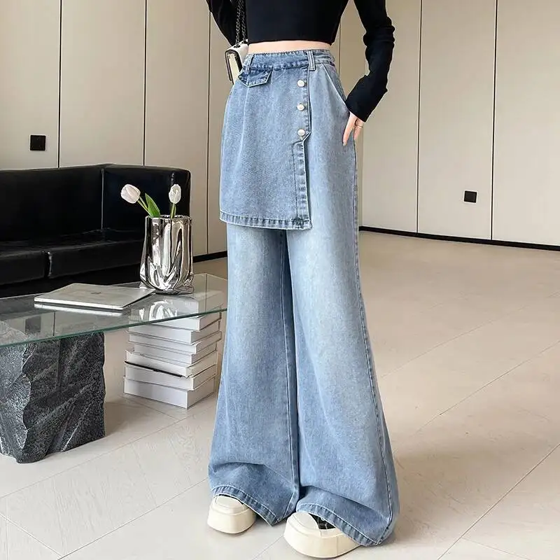 Casual Style Loose Solid Color Fart Curtain Fake Two-piece Detachable Stacked Straight Leg Jeans Women 2026 Spring XIOQ