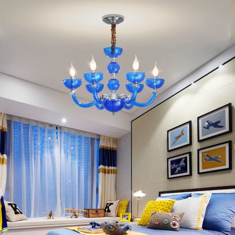 European Mediterranean Blue Ambience Chandelier E14 Glass Pendent Lamp Hotel KTV Apartment Bedroom Creative Droplight Decoration