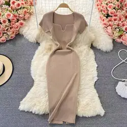 2024 Elegant Square Neck Short Sleeve Slim Fit Knitted Bodycon Dress Long Midi Dress Y2K Vestidos De Fiesta