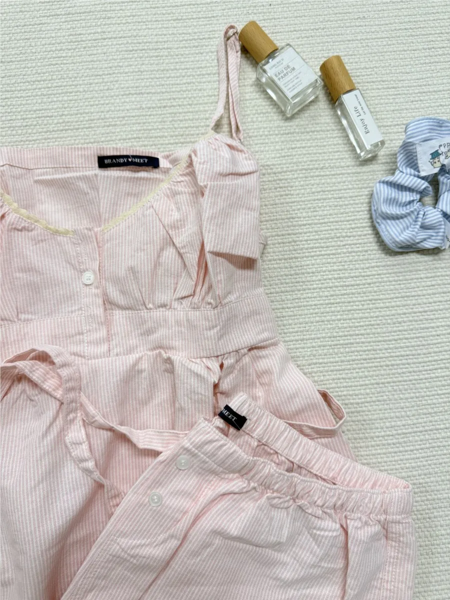 Pink Striped Lace Trim Tank Shorts Set Suit Women New Button Camisole +Elastic Waist Short Pant Sweet Cute Home 2 Piece Sets Y2K view 4