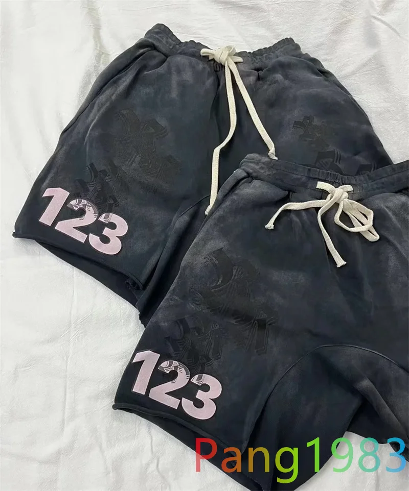 

2024ss RRR123 Sanskrit Letter Shorts Men Women High Quality Washed Distressed Shorts Casual Drawstring Sports Rolled Edge Shorts