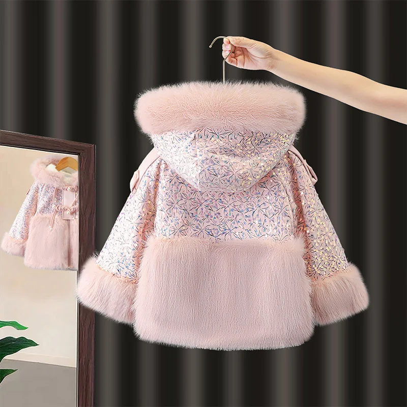 Casaco de pele sintética com forro de Fce para meninas Suéter com botão brilhante Inverno Faion Little Princ Top corte reto longo S...