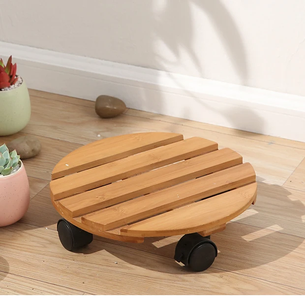 Bamboo Indoor Flower Plant Stand with Varnish Finish Wooden Wheels Movable Pot Holder Trolley Candy Plate Stand for Garden Tools
