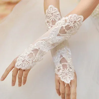 

White Ivory Red Black Color Lace Fingerless Wedding Accessory Crystal Bridal Party Gloves