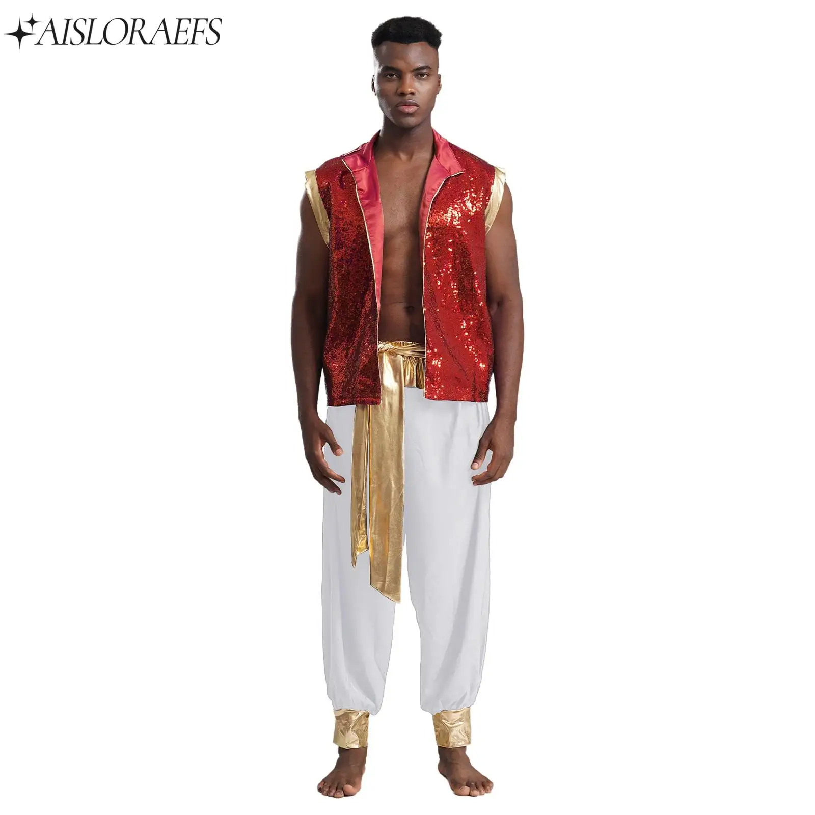 

Mens Arab Prince Costume Persian Arabian Halloween Role Play Sequin Open Front Vest Waistcoat Pants Suit Carnival Stage Outfit