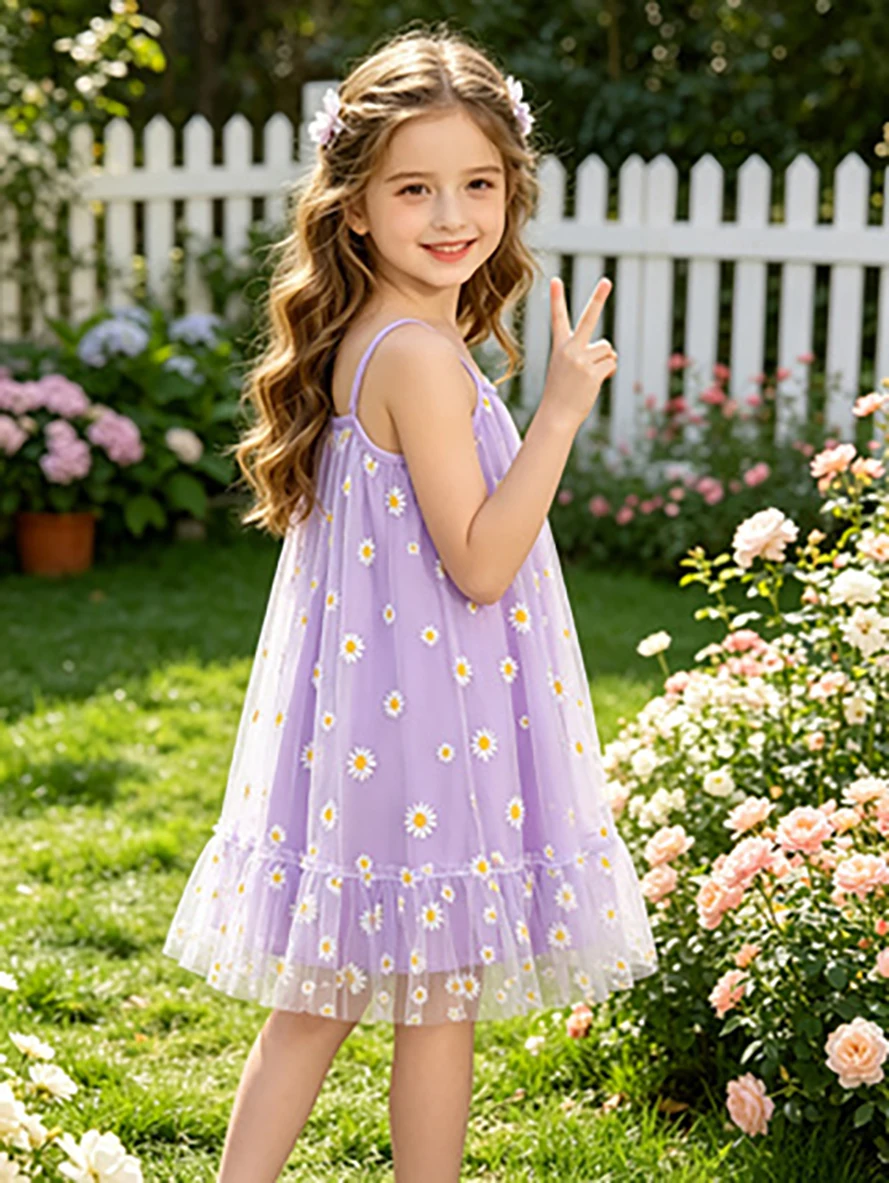 Purple Daisy Cami Dress for Girls, Summer Tulle Puff Princess Dress Kids Floral Dress