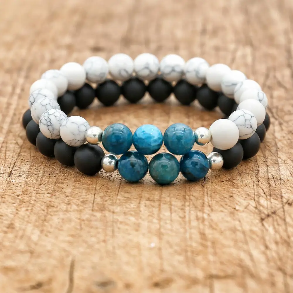 8mm Natural Stone Yoga Jewelry Healing White Howlite Apatite Black Matte Onyx Beaded Medation Mala Bracelet Women Men Gift