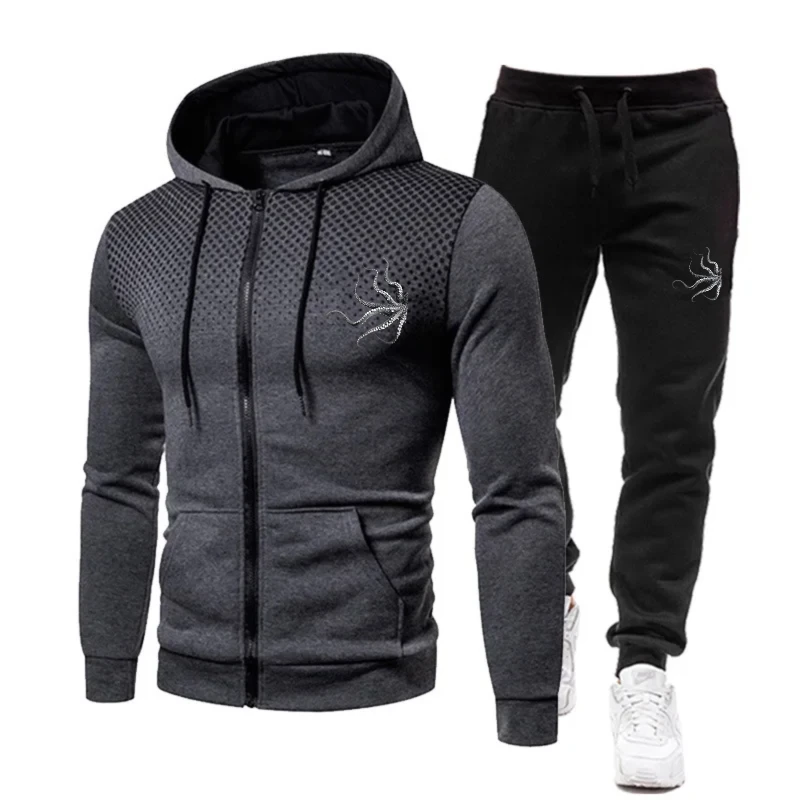 Men's Jacket Set Black Red Gradient Octopus Print Hoodie & Gray Sweatpants Sportswear for Casual Outdoor Fitness Workout
