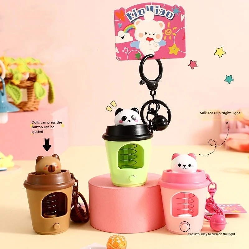 Creative Cute Pet Milk Tea Cup Capibala Key Chain Cartoon Night Light Spring Panda Cat Animal Keychain Bag Toy Bag Pendant Gift