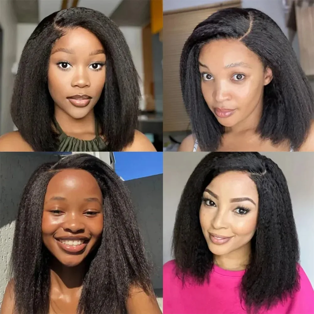 شعر مستعار بقصة مسبقة من الدانتيل بدون غراء للنساء ، شعر بشري ياكي ، شعر مستقيم غريب ، جاهز للارتداء ، شعر مستعار قصير ، HD ، 6x4