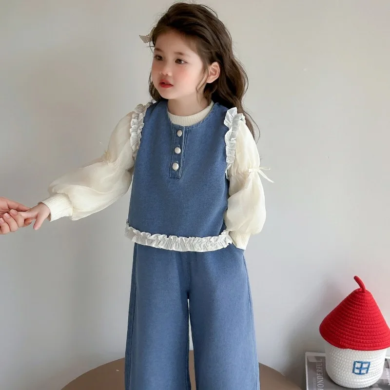 Girls' Back Bow Denim Vest Set, Children's Korean Fashion, Three-piece Set Wide Leg Pants, Children's Clothing