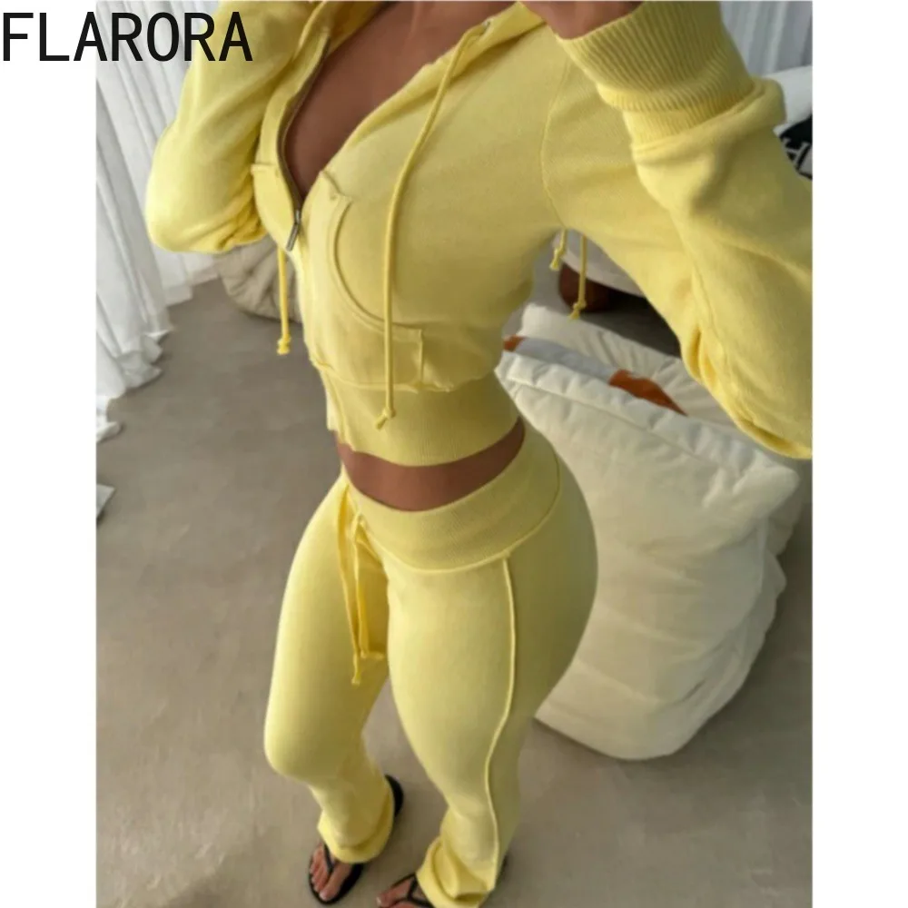 FLARORA Autumn Casual Sporty Patchwork 2Piece Sets Woman Long Sleeve Zip-up Drawstring Hooded Jackets And Flare Pants Outfits