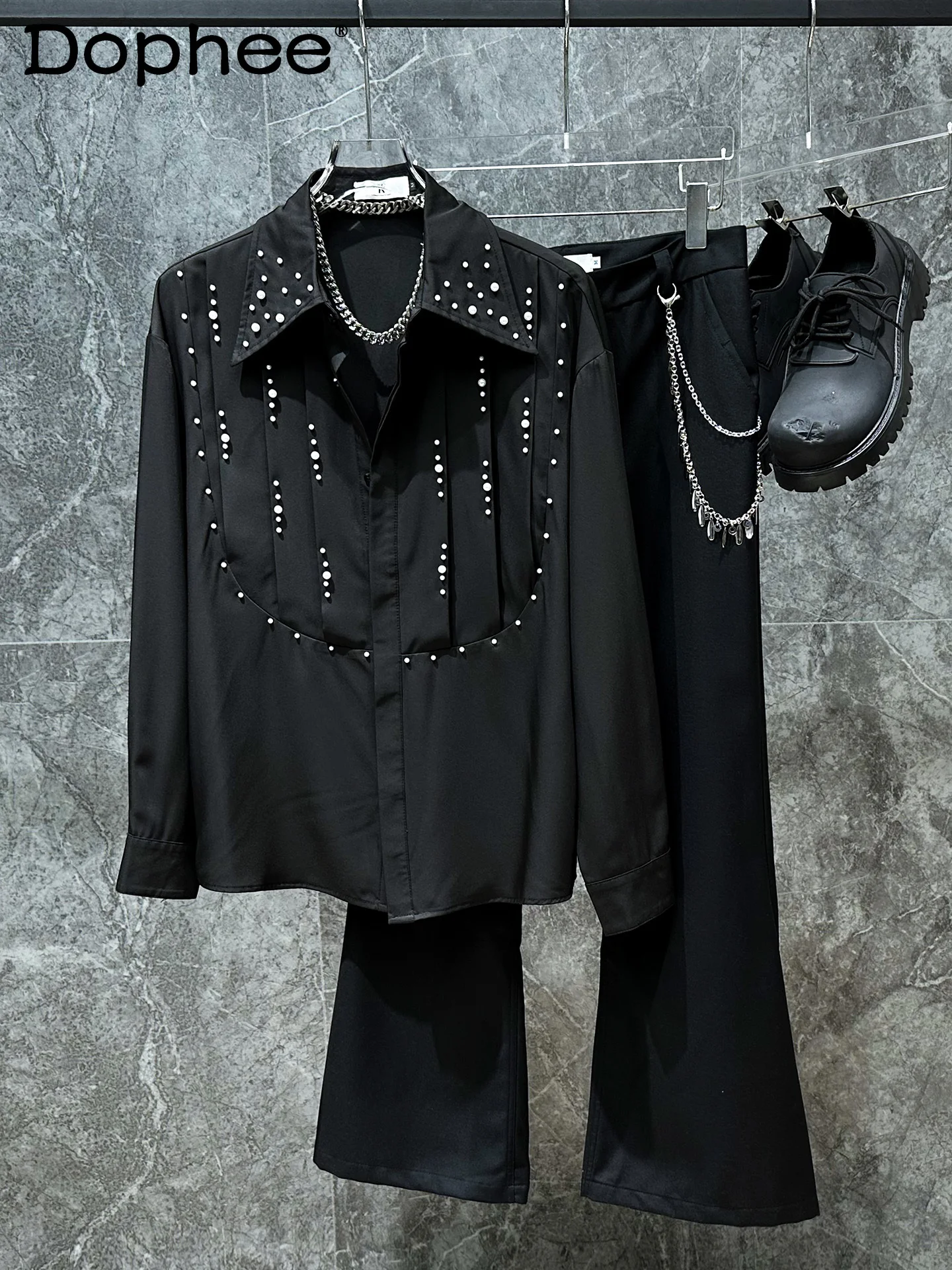 

2025 Autumn New Heavy Beaded Design Long Sleeve Shirt Korean Style Ins Trend Casual Draped Shirt for Men