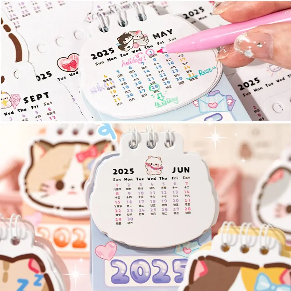 Cute 2025 Mini Desk Calendar Coil Planner Cartoon Cat Desktop Calendar Daily Organization To Do List 2025 Coil Calendar School