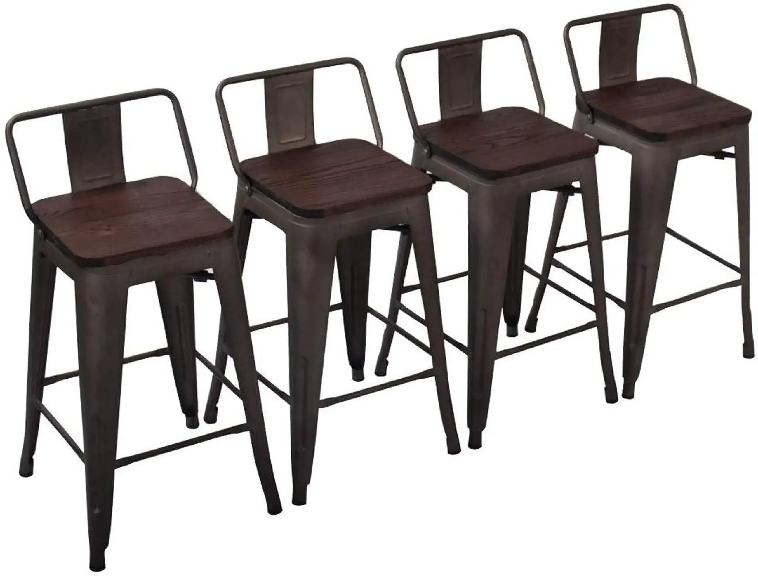 

24" Metal Bar Stools Set of 4 Counter Height Stools with Wood Top Low Back Gunmetal