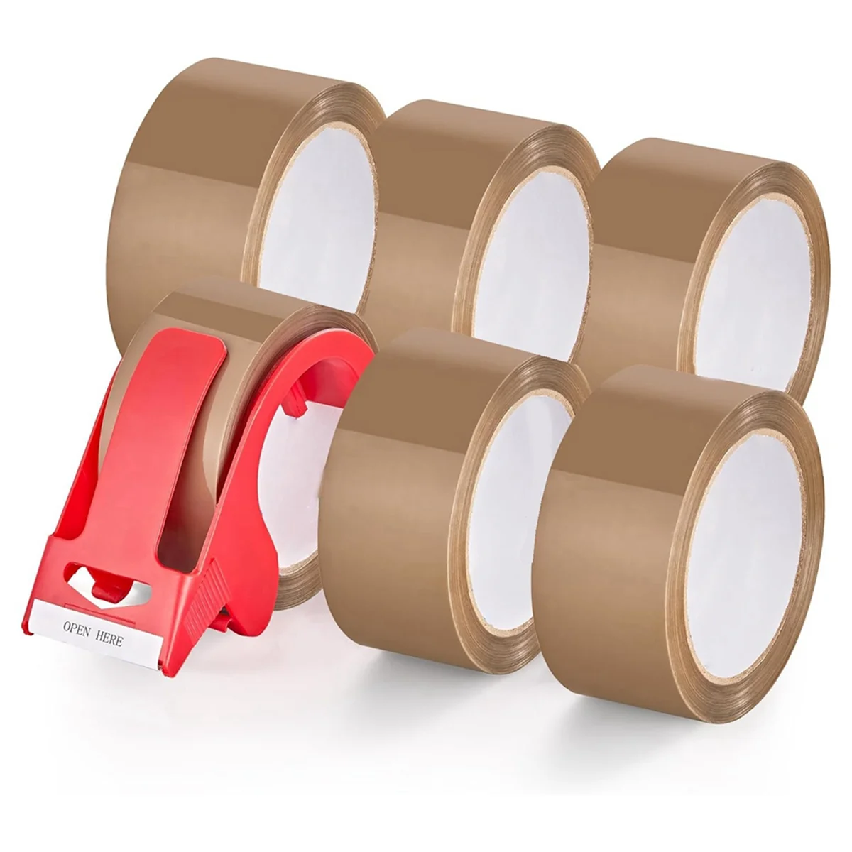 6 Rolls Brown Packing Tape with Dispenser, Heavy Duty Packaging Tape Refills, 1.88 Inches Wide, 60 Yards Per Roll