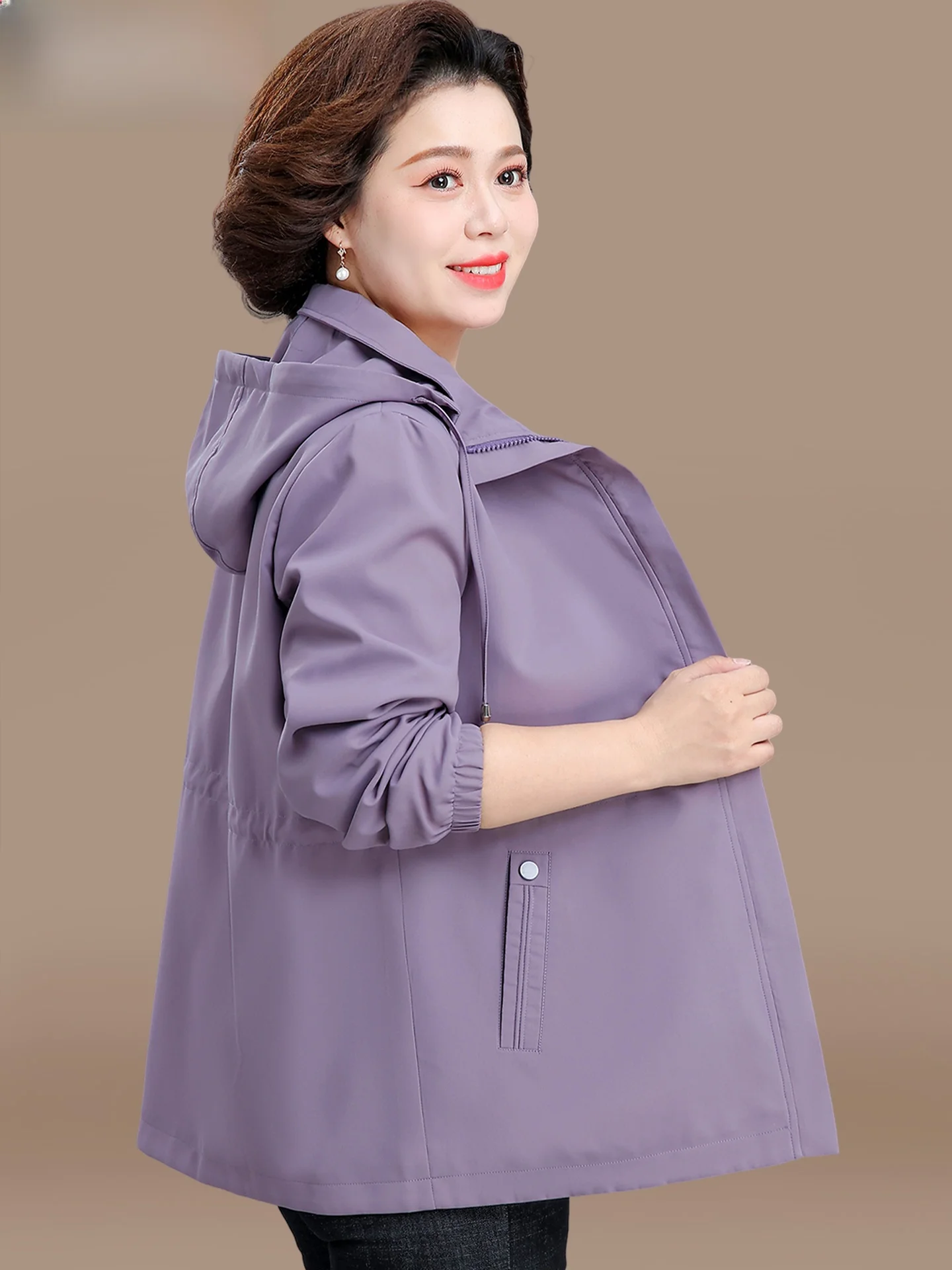 

Casual Mid-Length Windbreaker for Women over 50 Autumn Faion Outerwear Loose Fit Zipper Closure Polyester Fiber Single Piece