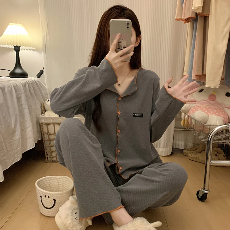 Korean Style Thickened Long Sleeve Sleepwear Women's Home Clothes Set Dervo Winter Warm Grey Button Decorated Pyjamas