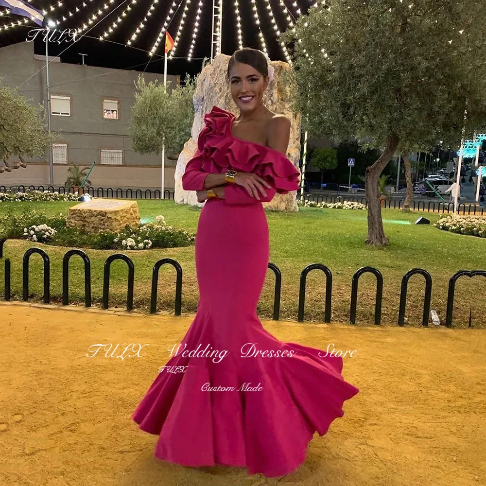 

TULX Elegant Mermaid Evening Dresses Plest Wave Strap Long Sleeves Formal Prom Gowns Women Party Dress vestidos de noche