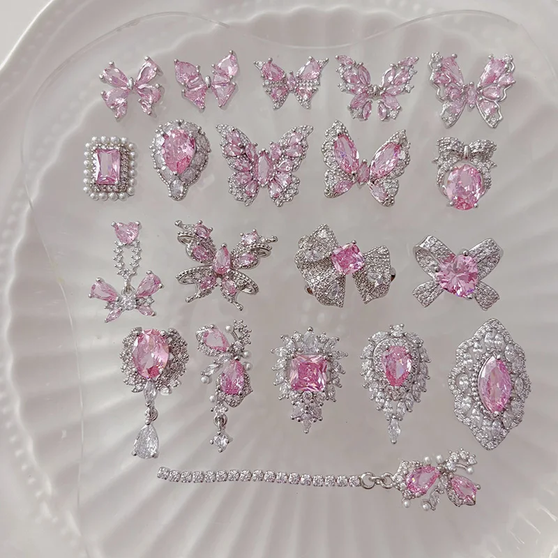 5pcs Pink Bow Zircon Nail Art Jewelry Set Light Luxury Hot Style for Fingernails Women's Fashion Accessory