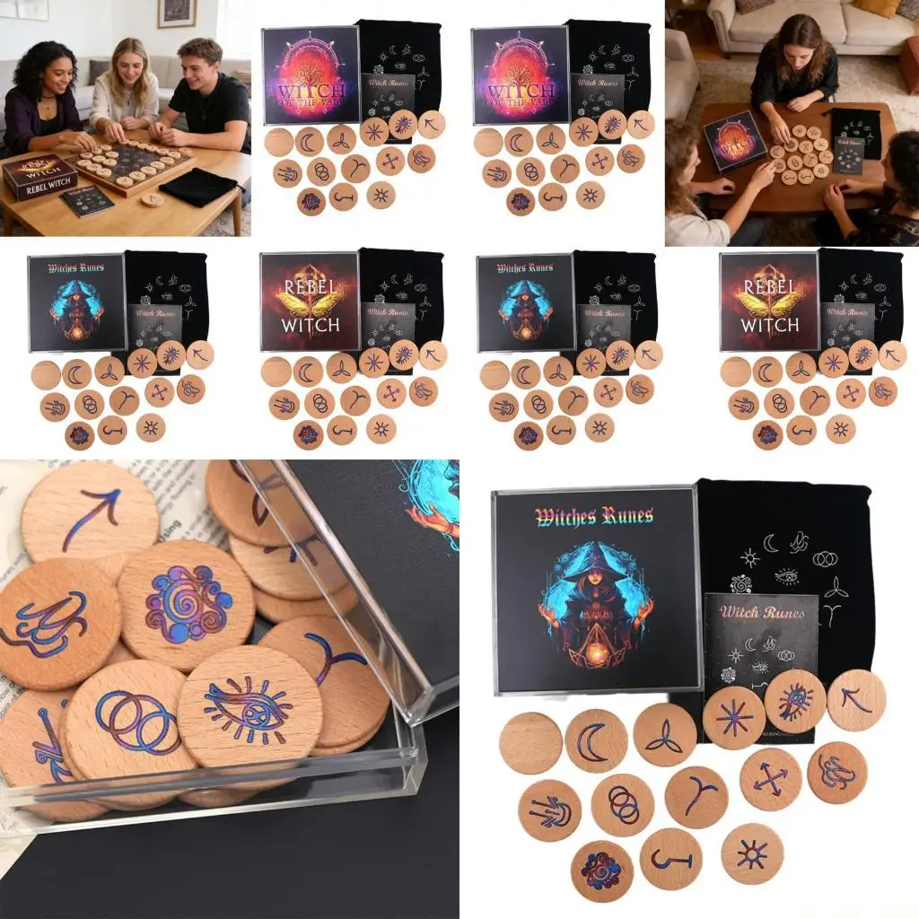 

M5TC Divination Runes Signs Hand Carved Wooden Runes Symbols Set with Instruction and Storage Bag Meditations Tool Enduring