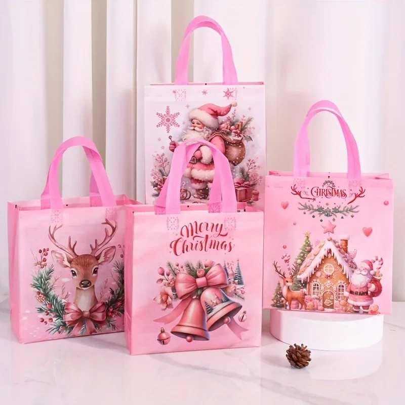 4/8pcs Pink Christmas Tote Bags with Handles,Santa Claus Elk Bell Pattern Reusable Gift Bag,Grocery Shopping Bag,Pink packaging