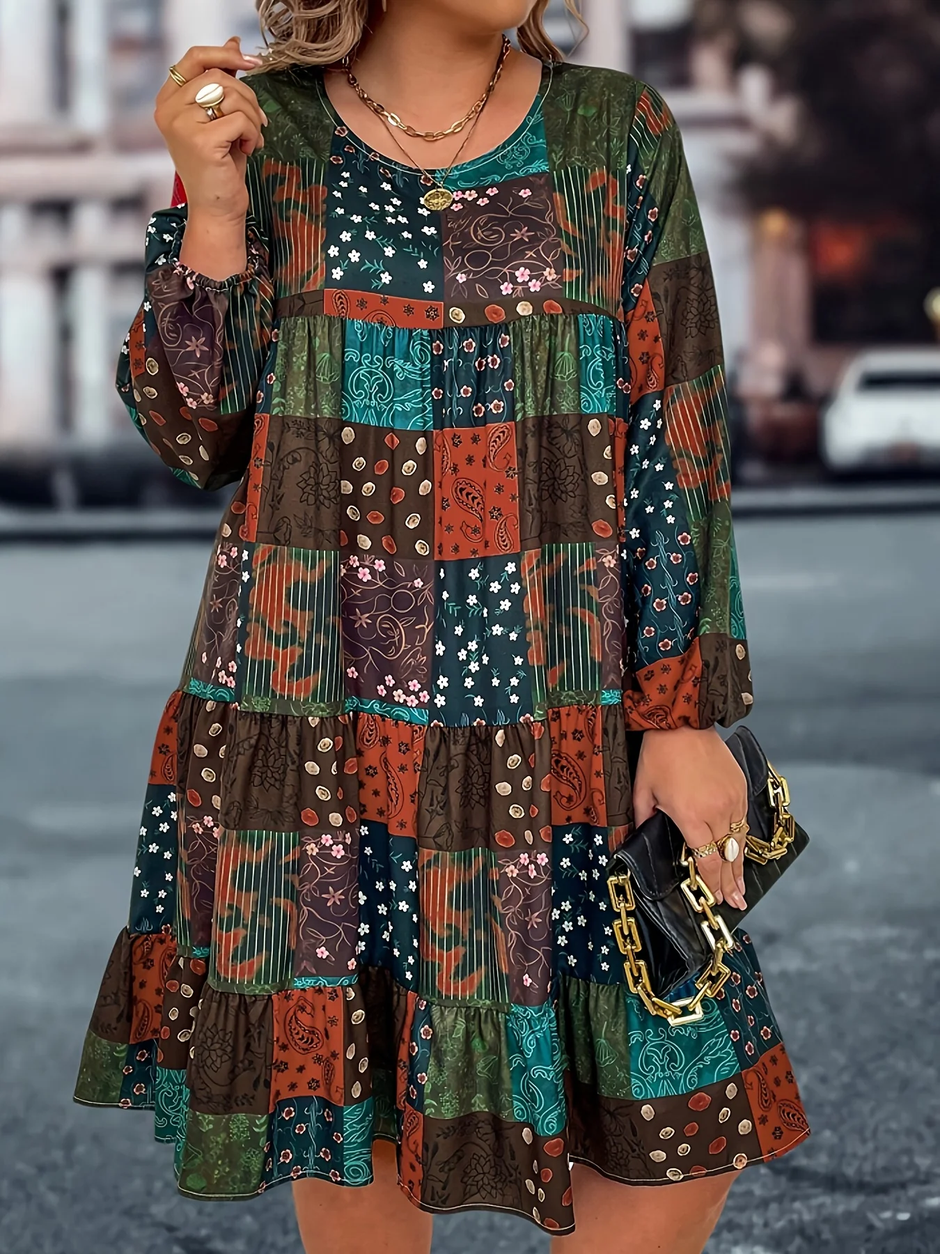 

Plus Size Ladies Long Dress European Style Cross-Border Fashion Popular Long Sleeve Floral Print Doll Style Dress