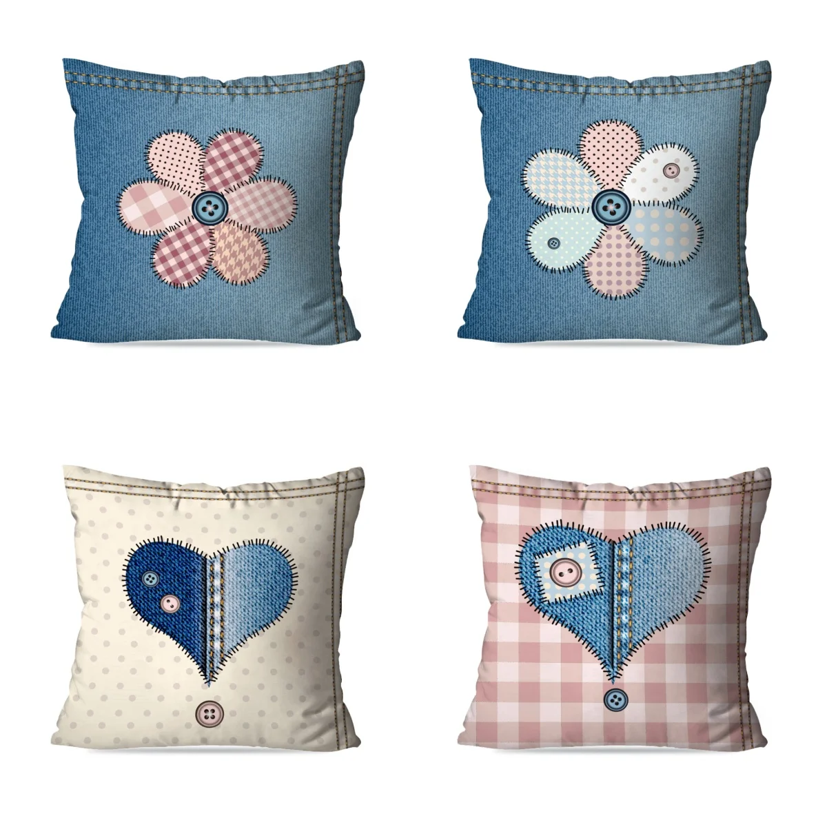 1pc Denim Patchwork Flower Pillow Cover, 2D Double-Sided Polyester Cushion Case, Rustic Farmhouse Decor, Gift for Vintage & Craf