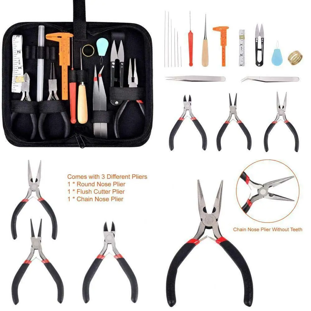 19Pcs Professional Accessories Craft Black Bag DIY Pliers Supplies Jewelry Findings Jewelry Making Kit Jewelry Repair Tools Set