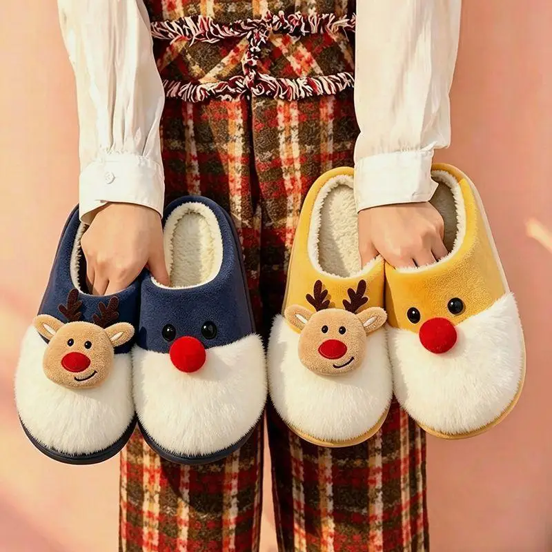 Niedliche Elch-Plüsch-Hausschuhe für Paare, warme Weihnachts-Hausschuhe für drinnen, Wintertrend 2026, bequeme dicke Sohle, Baumwollschuhe für Damen – Detail 5