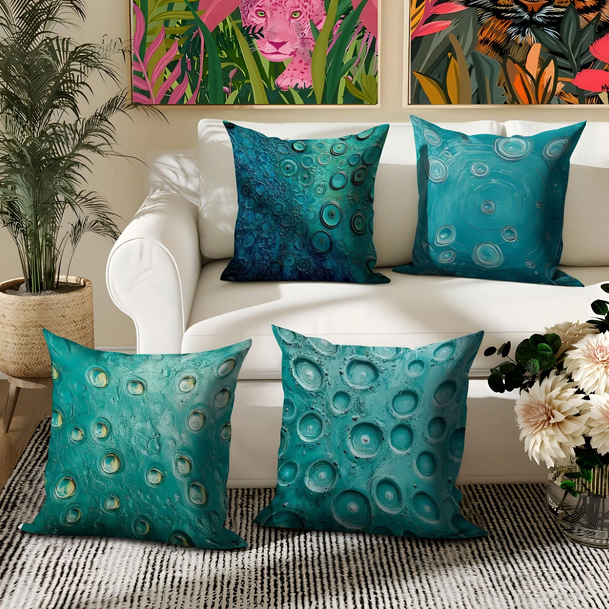 

Современная текстурированная наволочка бирюзового цвета с круглым узором и художественным принтом, наволочка для дивана, спальни, гостиной