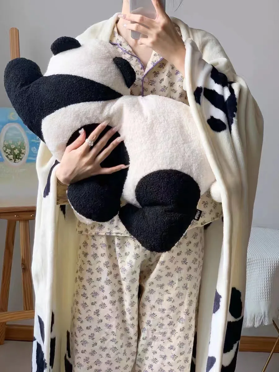 2 in 1 Pillow Cover Blanket Panda Thick Double Layer Flannel Warm Swaddling Bag Soft Bag Baby Blankets 2023 Free Shiping