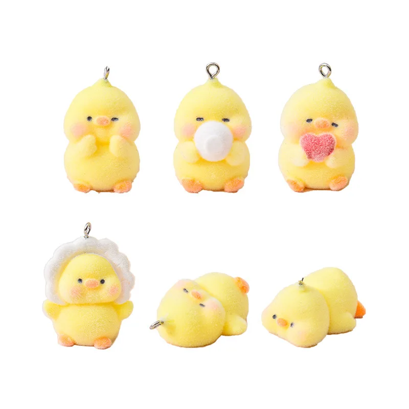 18pcs 3D Flocking Resin Cute Yellow Duck Doll Cartoon Animal Charms For Keychain Necklace Earring Making DIY Jewelry Accessories