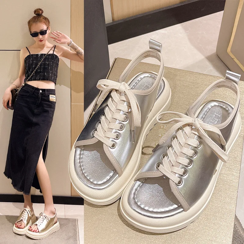 

Summer New Soft Leather Platform Lace-up Roman Sandals Women's Casual Wedge Muffin Bottom Fishmouth Women's Shoes