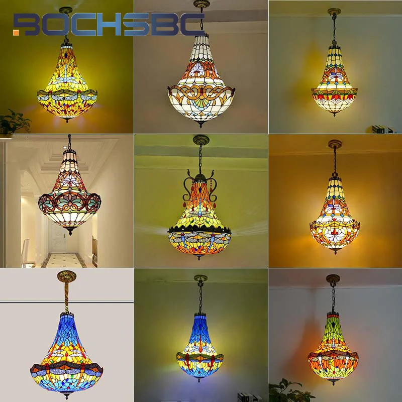 

BOCHSBC Tiffan style stained glass Vintage Yellow Baroque pendant lamp chandelier Restaurant Living Room Cafe Bar bedroom decor