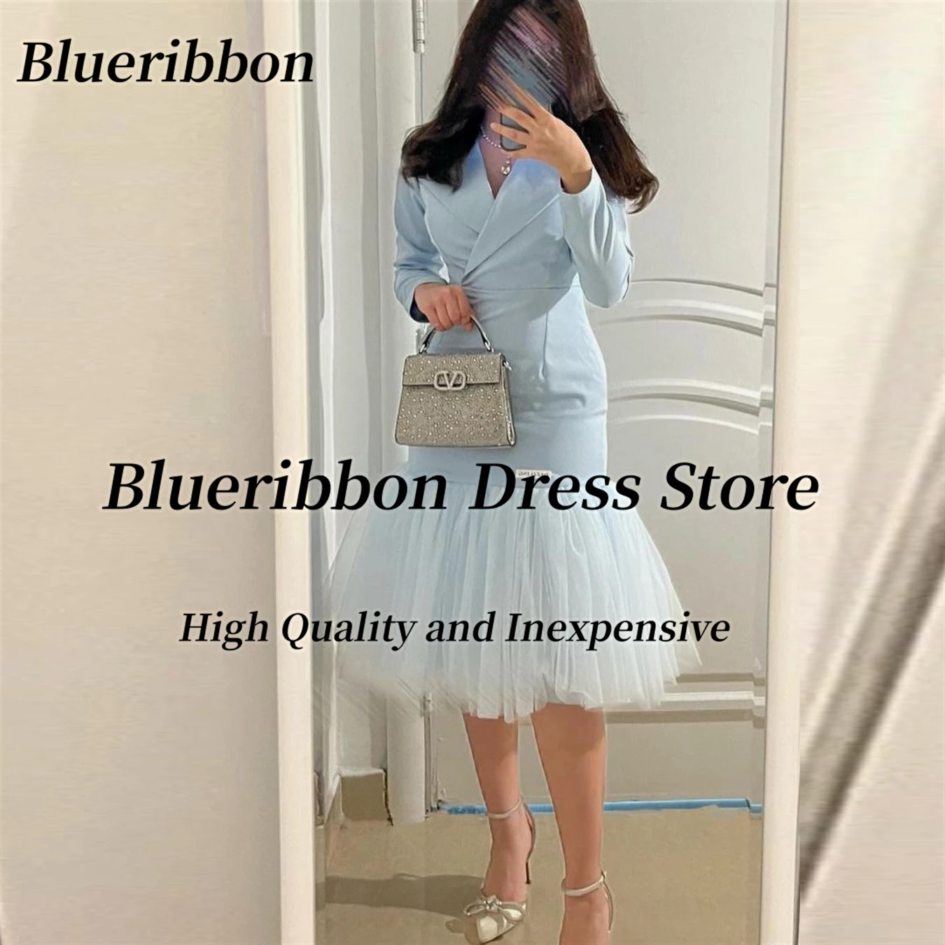 Blueribbon Tea Lengt Mermaid Prom Dresses Long Sleeves V Neck Cocktail Party Dress Short Club Night Gowns