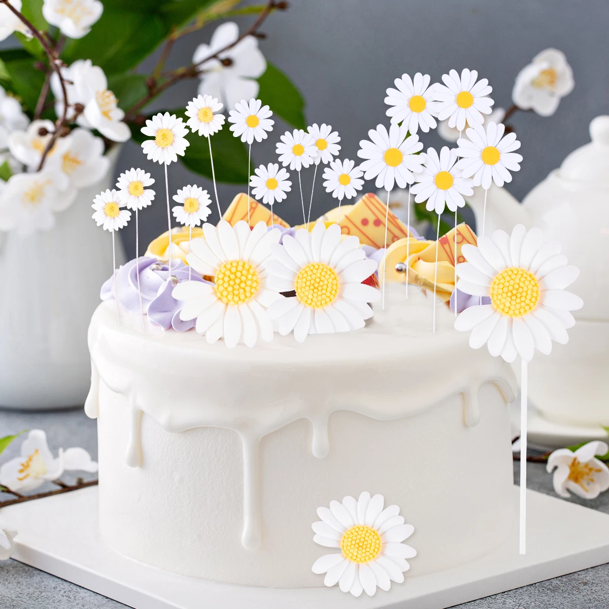 

Daisy Cake Topper Flower Cupcake Toppers White Daisy Cake Picks Girl‘s Happy Birthday Party Cake Decorations Wedding Supplies