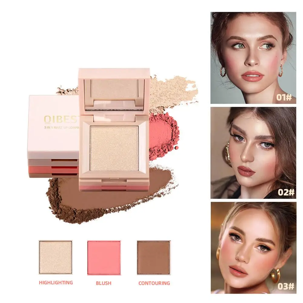 3-In-1 Gezichts Make-Up Doos Hoogtepunt Blush Contouren Matte Oogschaduw Niet-Vliegende 3d Parelmoer Gepolariseerde Palett Natuurlijke Powd T7d5