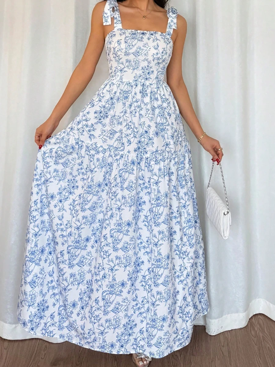 2026 Frühling Sommer Neues Damen Bohemian-Kleid mit Verstellbarem Schulterriemen Bedrucktes Kleid im Französischen Stil Ärmelloses Kabelgebundenes Maxikleid