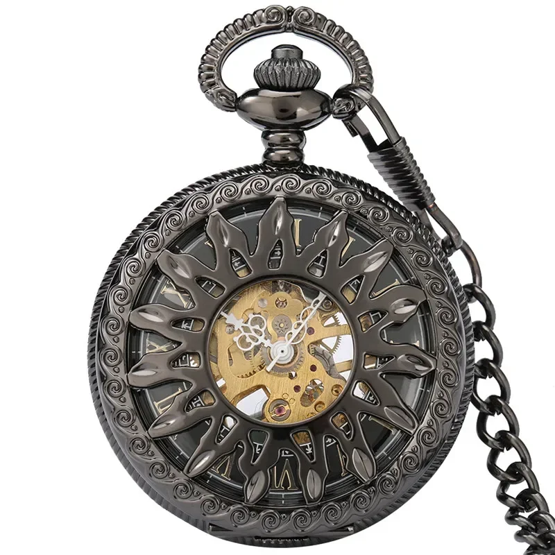 Bronze Hollow Sun Flower Black Hand Winding Mechanical Watch Pocket Watch Roman Numerals Chain Pendant Clock Relgio de bolso