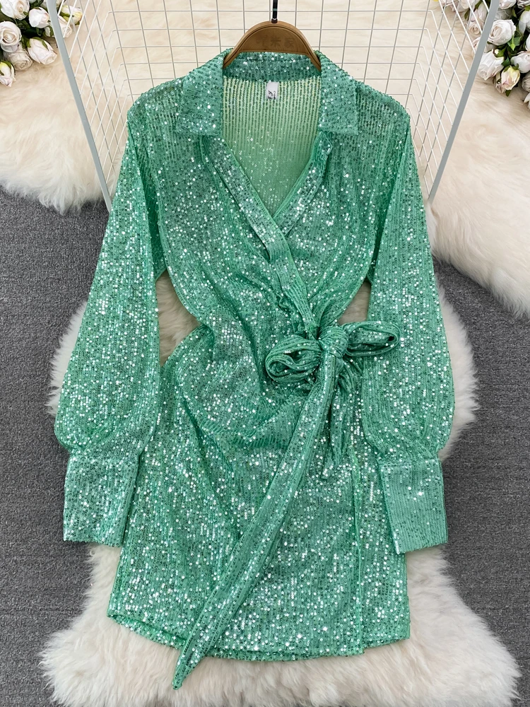

Vintage Mini Dress for Women Fashion Long Sleeved Sequin Party Sexy V-neck Slim Bow Tie High Waist A-line Short Night Dress