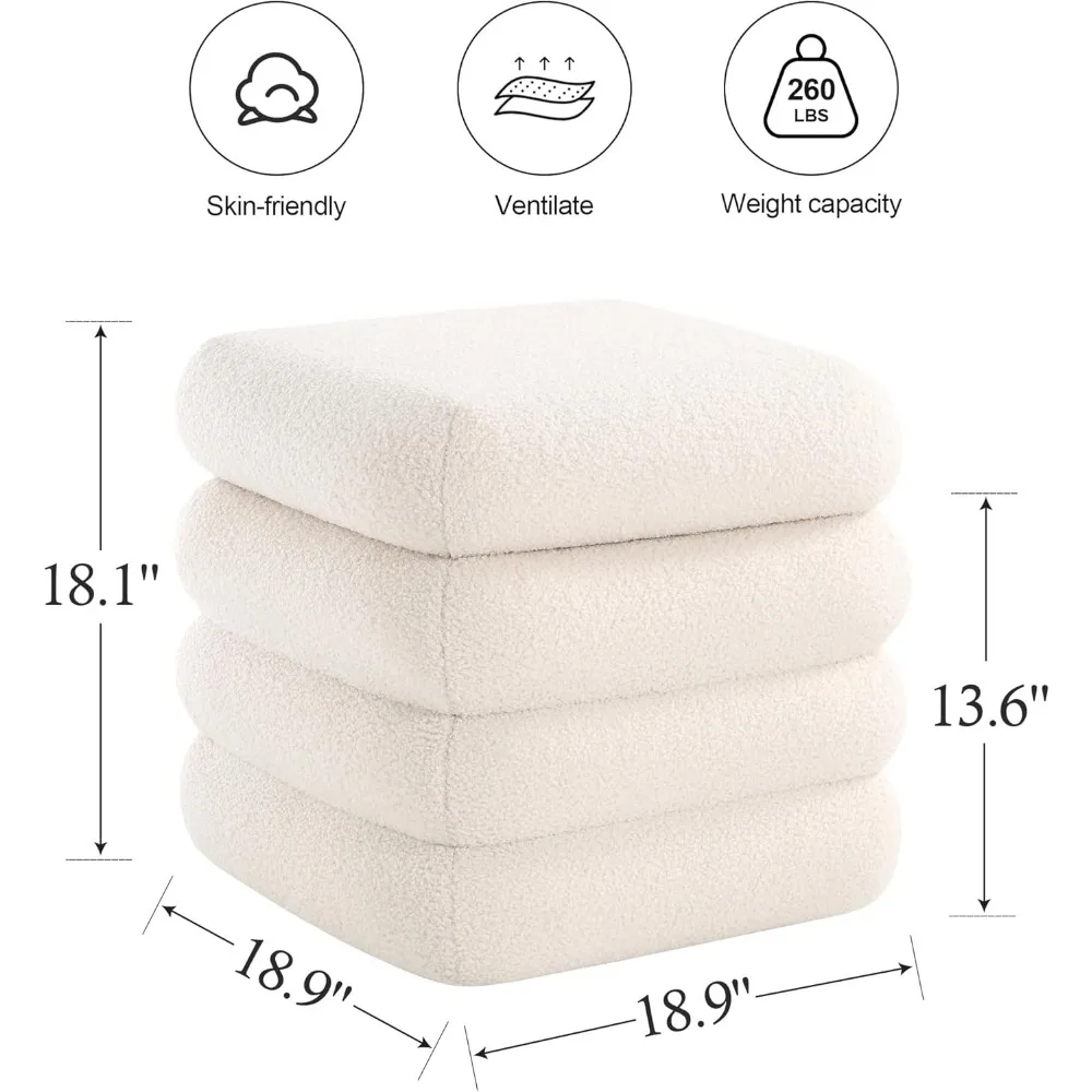 Square Sherpa Storage Ottoman, 19 Inch Couch Storage Foot Rest for Living Room Toys, Vanity Stool Soft Tufted Fabric Pouf.